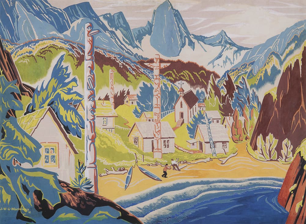 BC Indian Village (1943) — Sampson-Matthews oil silkscreen by jock macdonald